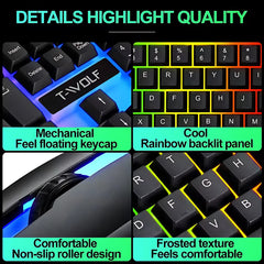 Clavier et souris filaires rétroéclairés arc-en-ciel, capuchons de touches flottants, clavier solide, résistant à l'usure et au toucher confortable pour le bureau d'affaires