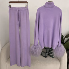 Ensemble pull et pantalon tricotés en laine et mélange pour femme, avec poignets en vraie fourrure de mouton mongole, costume tricoté de haute qualité 2025