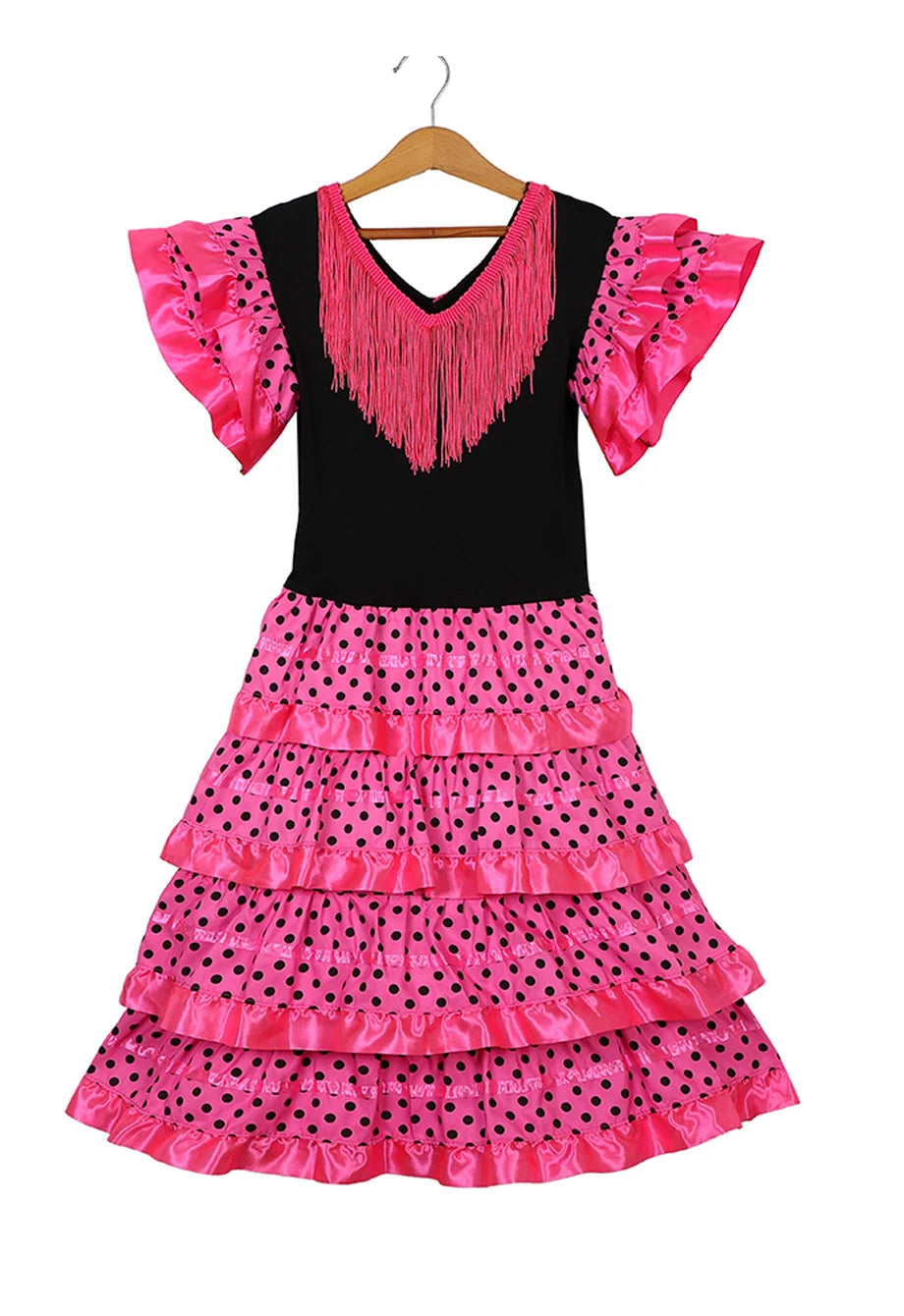 Robe de danse traditionnelle espagnole pour filles, robe de Festival à pois avec pompon, quatre couleurs, jupe classique de Style Flamengo gitane pour enfants