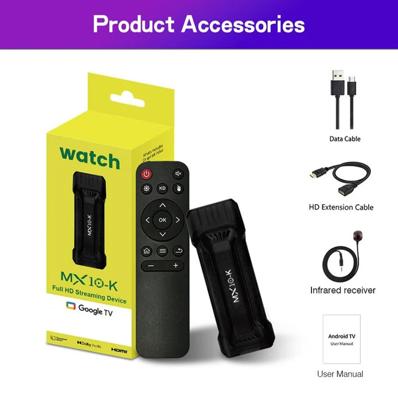 4K Stick TV MX10-K 4GB OS 10 Smart ATV BT5.0 lecteur multimédia HDMI 1.4 double WiFi 2.4G/5.0G TV Box Android 2025 nouveau modèle