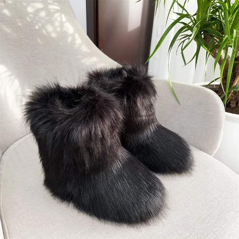 Nouveau Hiver fourrure une pièce fourrure de raton laveur femme bottes de neige chaussures de fourrure en plein air mi jambe bottes