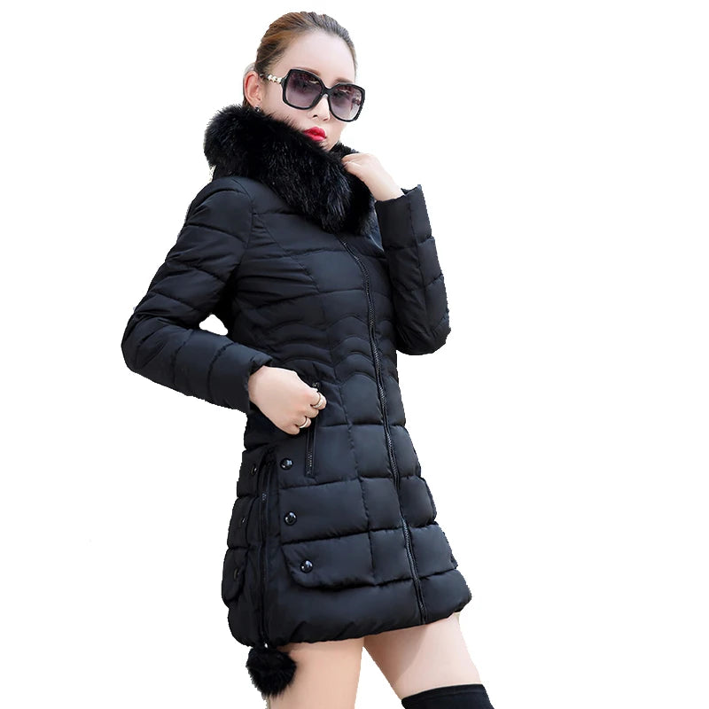 Veste d'hiver femmes 2023 manteau d'hiver couleur pure décontracté col de fourrure à capuche longue à capuche coton dame veste