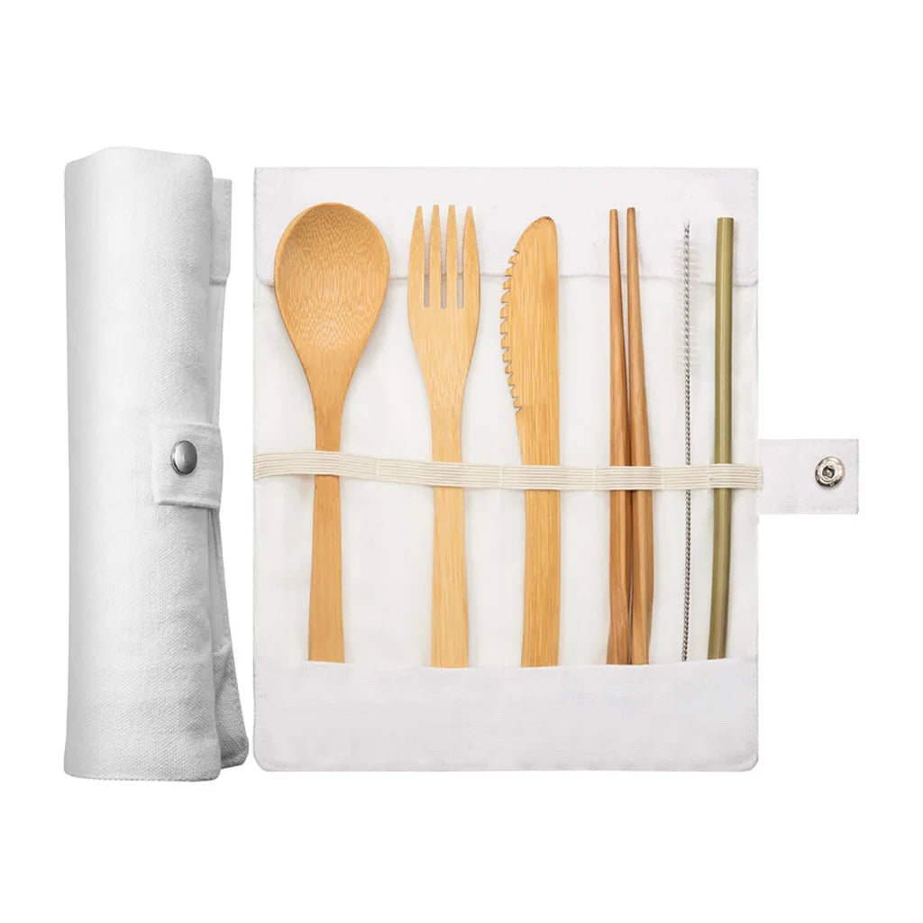Vaisselle de voyage en bambou, ensemble de couverts en bambou réutilisables avec étui de transport, vaisselle Portable en bois, brosse à dents au charbon de bambou