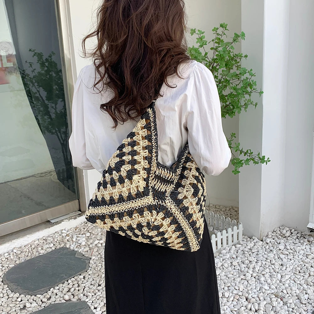 Sac à main d'été bohème tressé, fourre-tout décontracté, sac de plage en paille creuse, sac initié tissé, sac de voyage en raphia et rotin