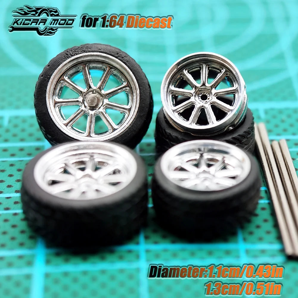 KicarHapp1/64-Jantes Métalliques ABS avec Caoutchouc pour Voiture Miniature, Pièces de Réaménagement Avant, Petite et Arrière