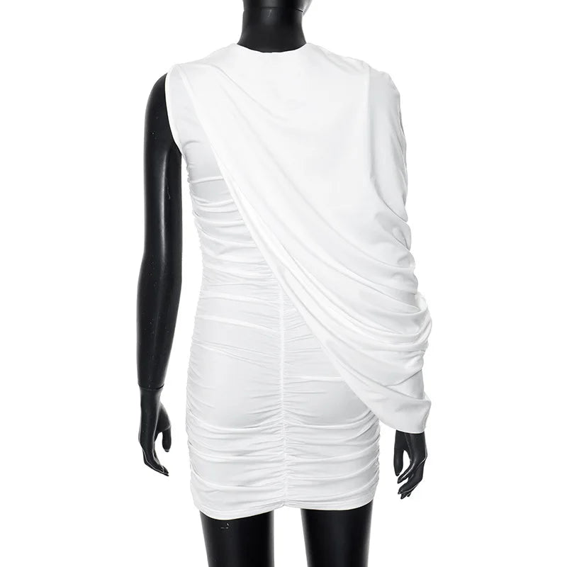 Joskaa – Mini robe plissée élégante, col rond, asymétrique, manches simples, façonnant le corps, pour femmes, vêtements de club de fête de vacances d'été, 2025
