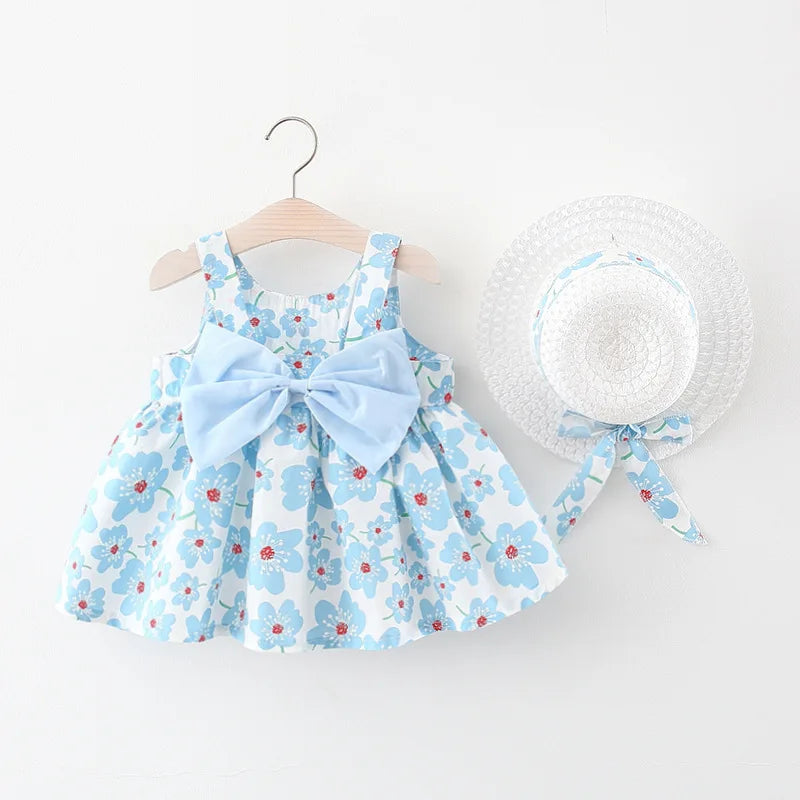 Floral strappy summer dress for baby girls, sleeveless dress with bow, children's clothing with free hats (9 months-3 years), new collection