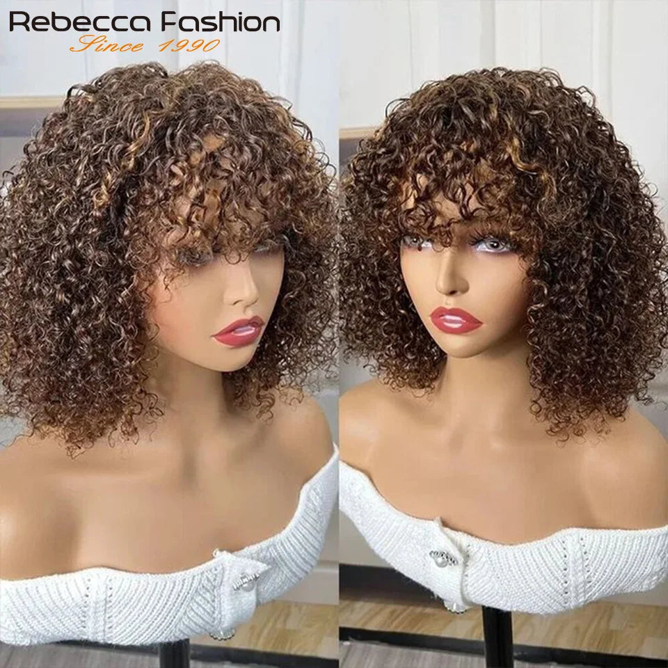 Perruques de cheveux humains Pixie Cut Bob avec frange pour femme, perruque pleine machine bouclée, surbrillance, couleur blond miel, court, caution