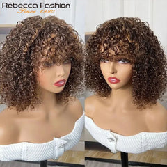 Perruques de cheveux humains Pixie Cut Bob avec frange pour femme, perruque pleine machine bouclée, surbrillance, couleur blond miel, court, caution