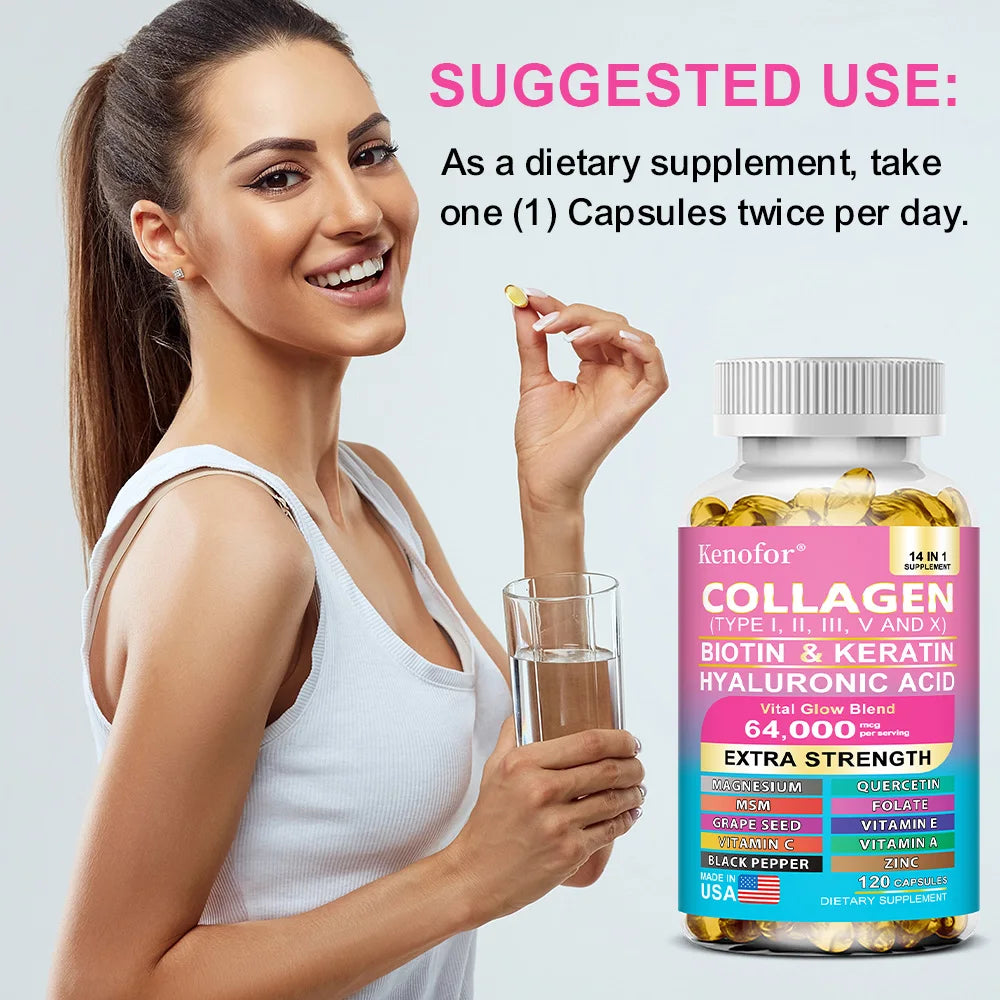 Kenofor collagène 1000 mg avec biotine 10,000 mcg, kératine acide hyaluronique vitamine C formule saine complément alimentaire sans gluten