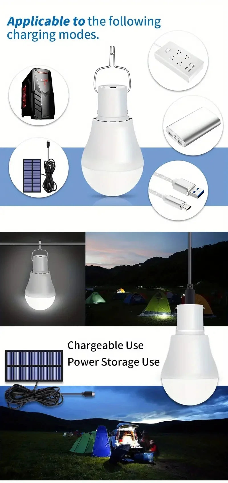 LED solar lamp, waterproof outdoor bulb, portable solar garden hanging hiking fishing emergency lights