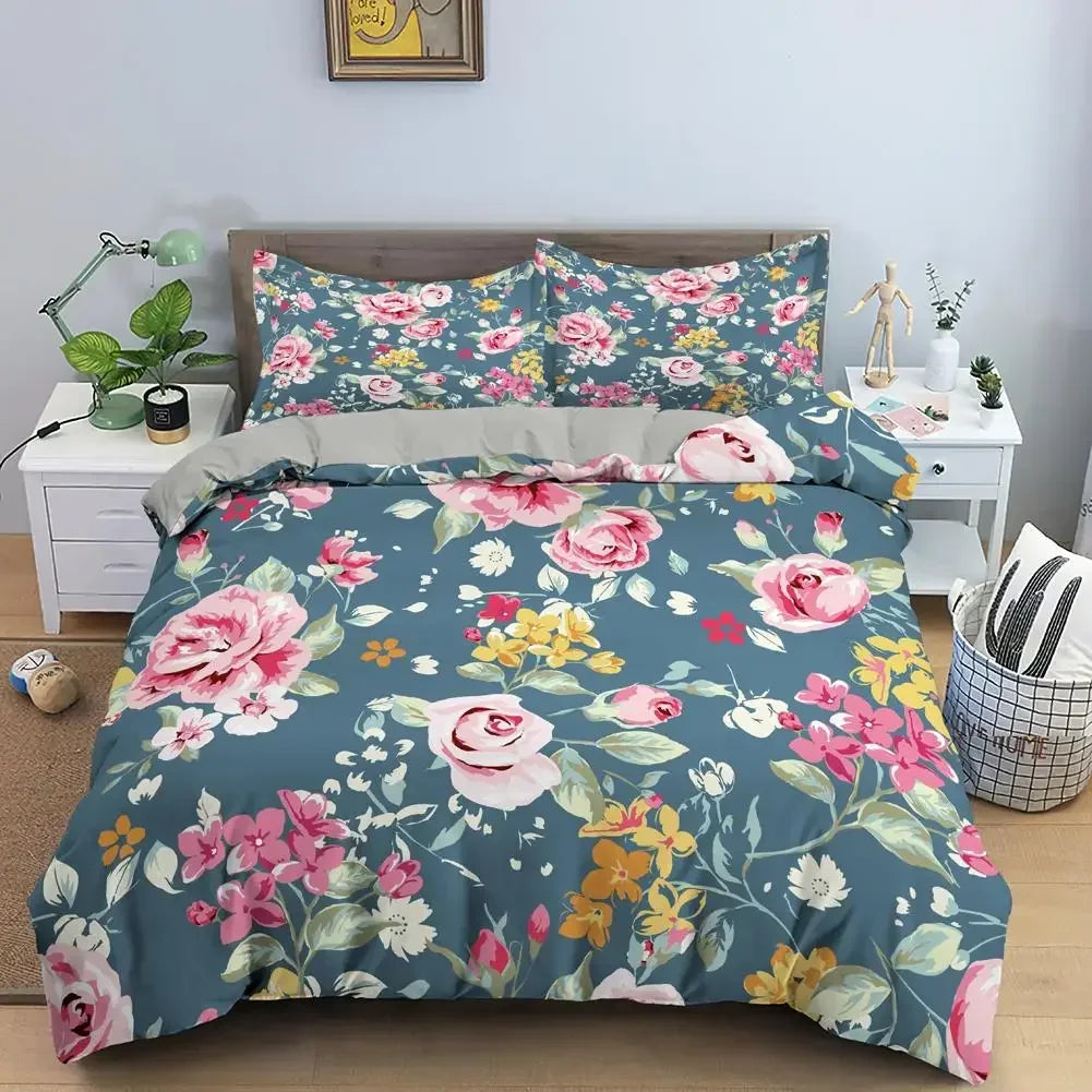 Royal Blue Gold Flower Classic Duvet Cover Sets, Queen, Full, Double Duvet Covers Pillowcases Bedding Set 260x220cm