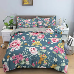 Royal Blue Gold Flower Classic Duvet Cover Sets, Queen, Full, Double Duvet Covers Pillowcases Bedding Set 260x220cm
