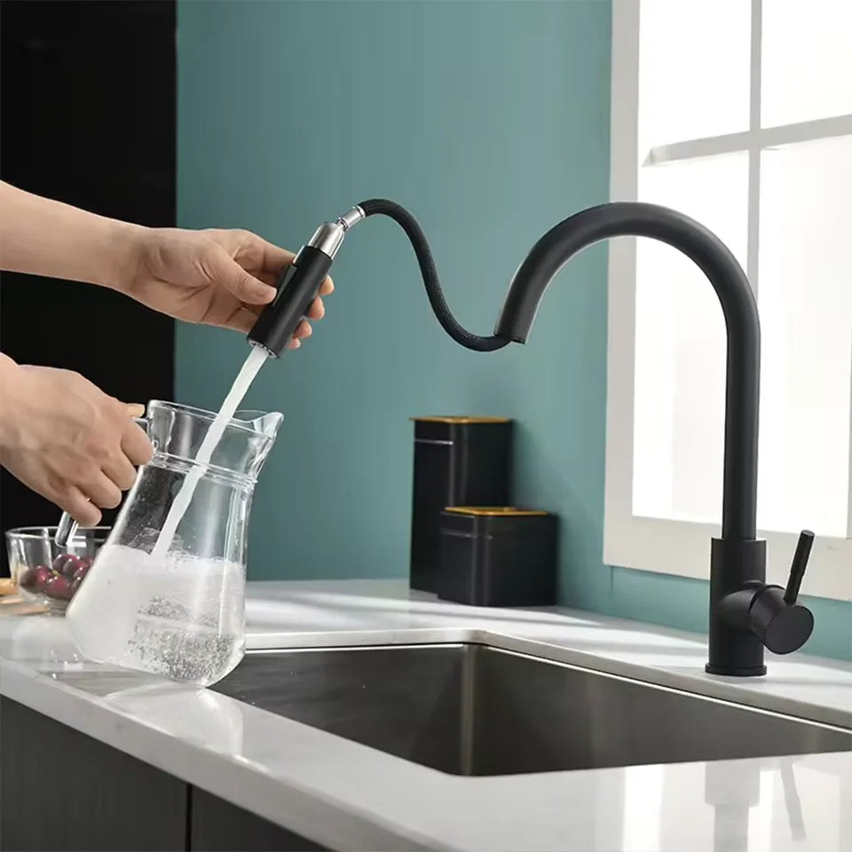 Flexible black cooking spaces, ribbed nozzle, stainless steel, hot and cold, 2 modes