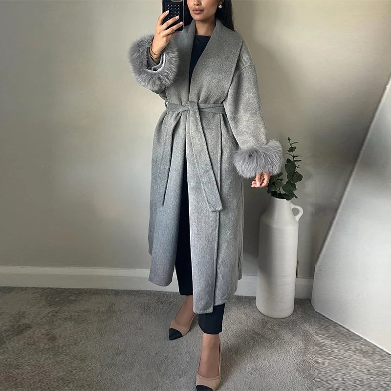 Women's Long Lace-Up Coat, Elegant Office Coat in Wool, Fur, Patchwork, Long Sleeves, Loose Cardigan Jackets, New 2025 Collection