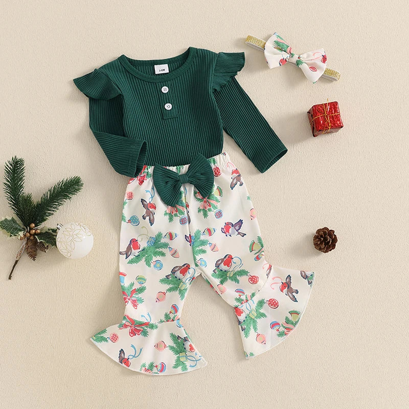 Ensemble pantalon de noël pour bébés filles, barboteuse côtelée à manches longues, imprimé père noël oiseau, pantalon évasé, bandeau