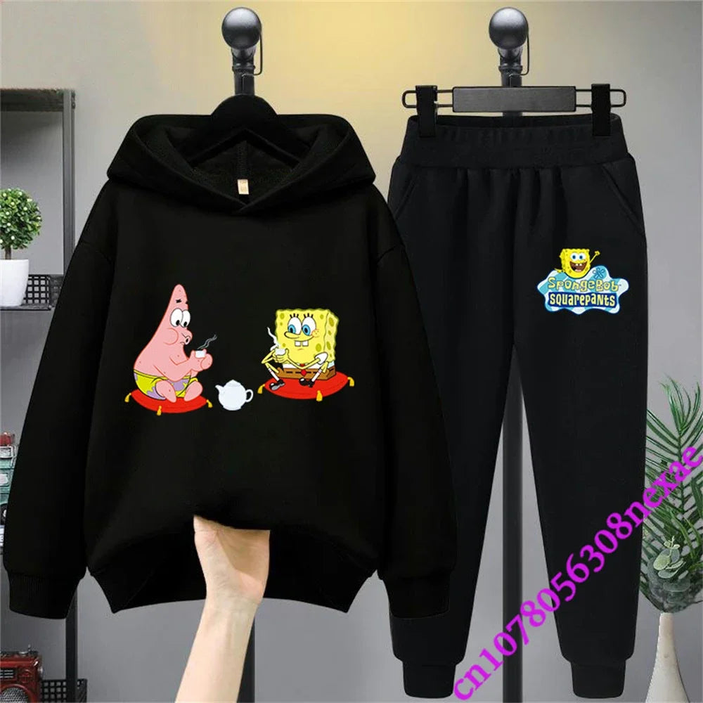 Spongebob-Pull imprimé dessin animé pour enfants, vêtements pour garçons et filles, imbibé, printemps et automne, Sportif, fjedly, 2 pièces