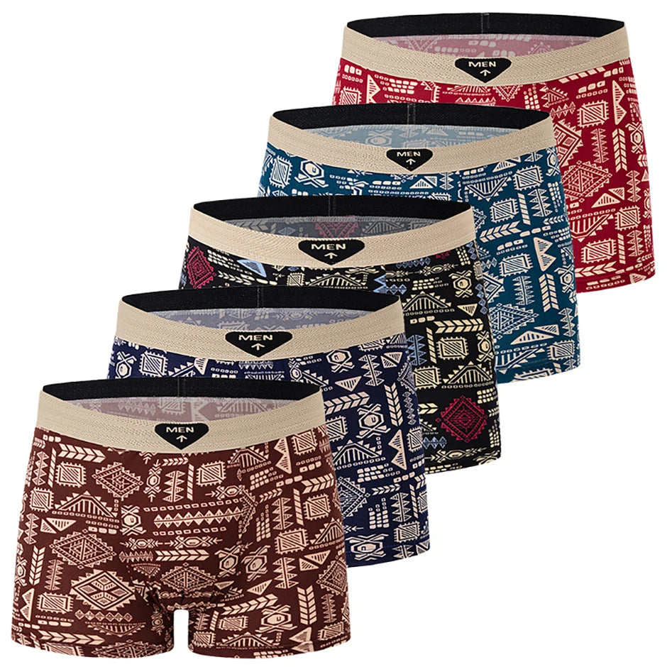 Fashionable and versatile printed underwear for men, 5-piece set, all seasons, comfortable, plus size, youthful boxer shorts, casual shorts