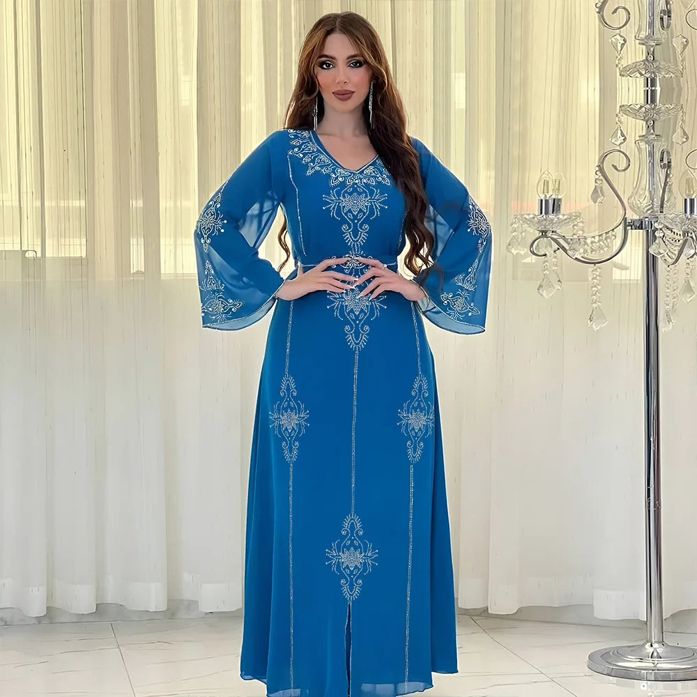 Eid Jalabiya - Women's Muslim Evening Dress, Diamond Lace-Up Arabic Abayas, Long Dresses, Elegant Dress, Educational Dress for Ramadan