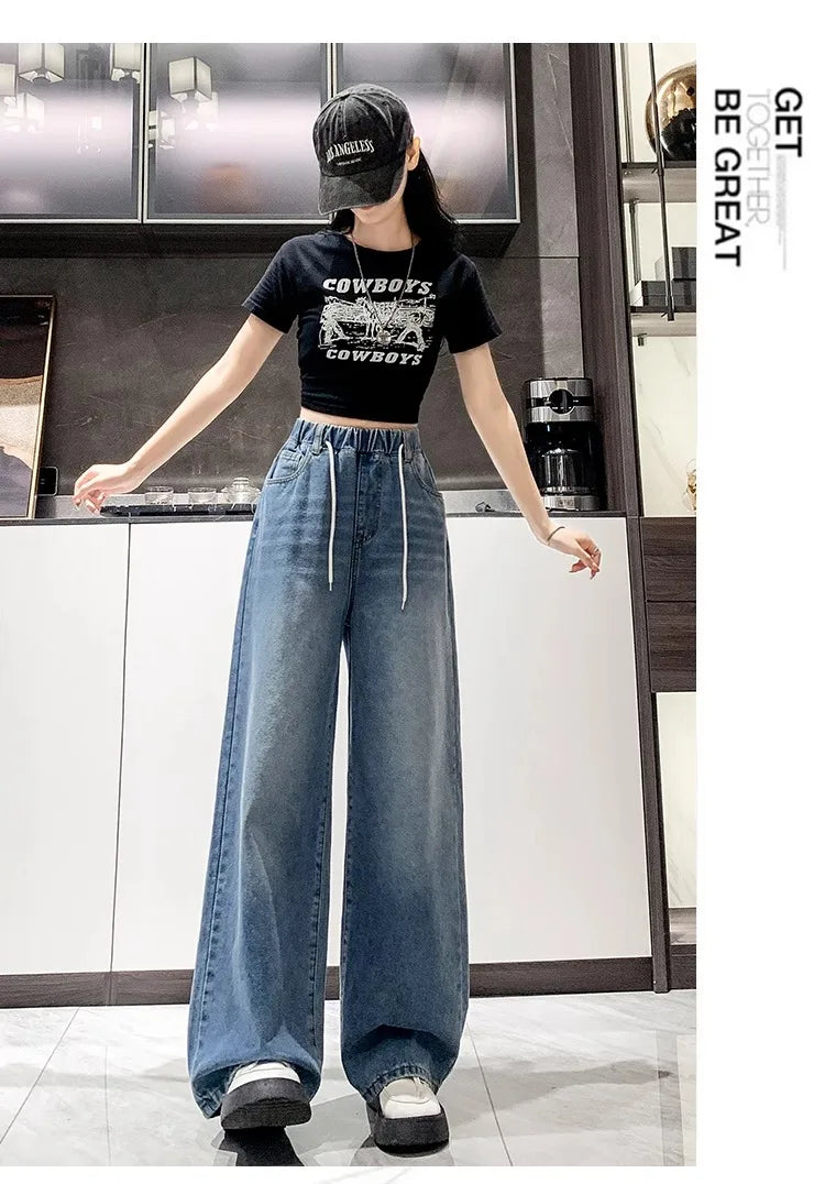 Jean ample à jambes larges, taille haute, bleu clair, grande taille, taille élastique, pantalon Dstring, pantalon Long amincissant