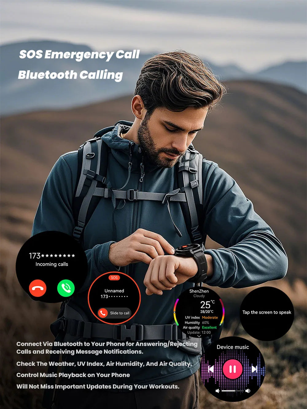 Nouvelle montre intelligente GPS sport boussole Altitude pression d'air appel de dent bleue 3ATM étanche santé AMOLED écran Smartwatch 480Mah