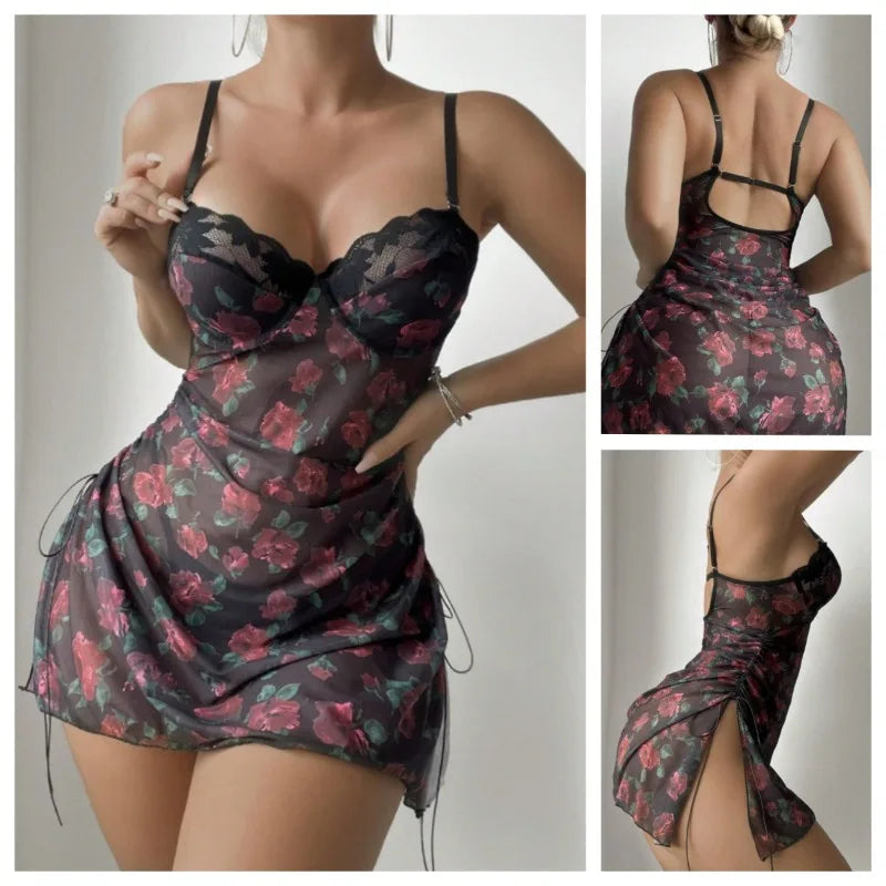 Nuisettes sexy Lingerie Femme Robe de nuit Robe licou à imprimé floral - Robe dos nu luxueuse et séduisante Pyjamas sexy