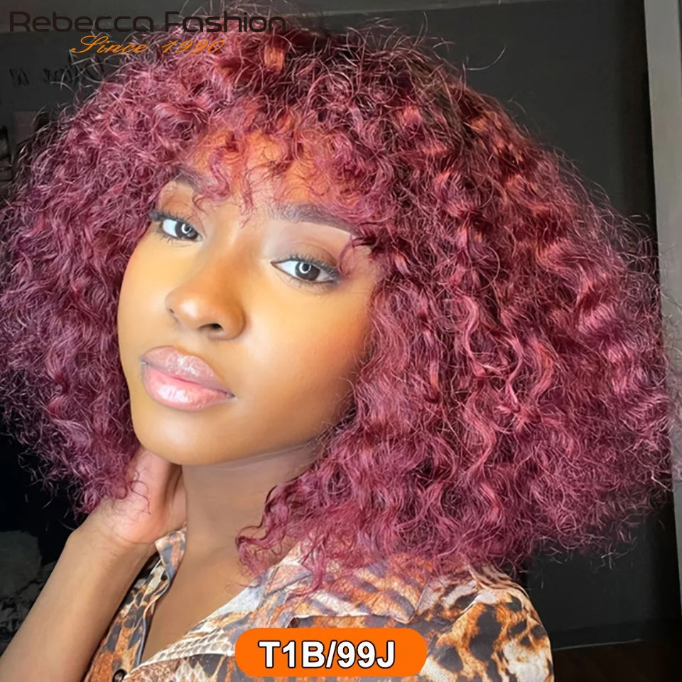 Perruques de cheveux humains Pixie Cut Bob avec frange pour femme, perruque pleine machine bouclée, surbrillance, couleur blond miel, court, caution