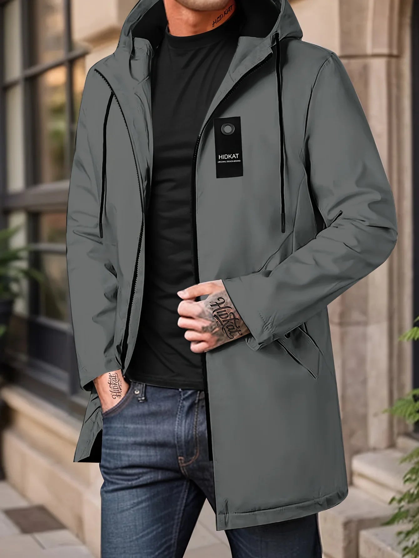 Men's fashionable casual jacket with hood and drawstring, solid color, suitable for spring and autumn casual wear