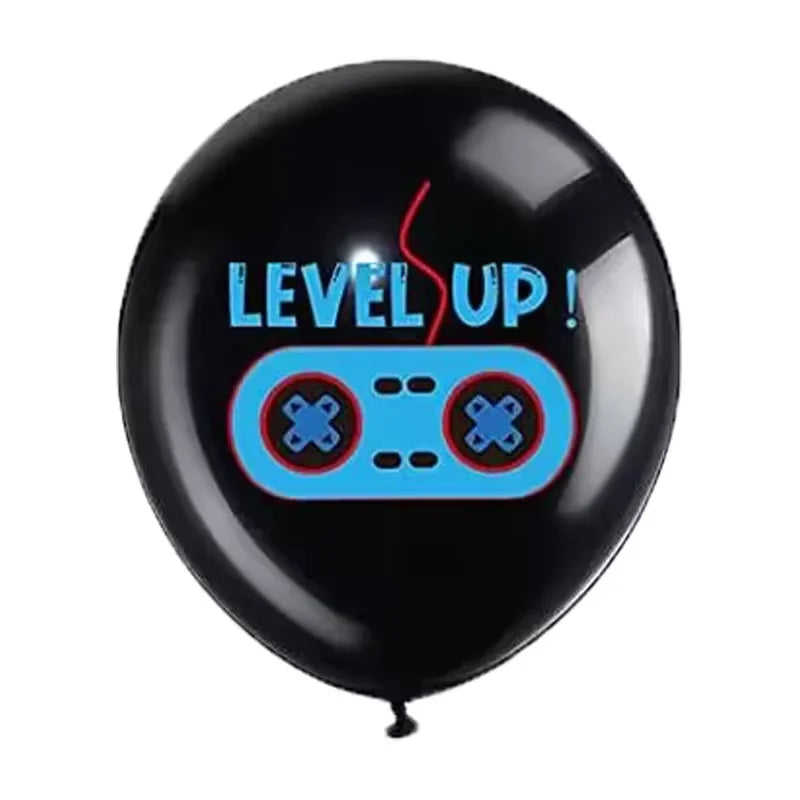 Blue game on balloons, video game controller themed latex balloon, Happy Boys game, children's birthday party favors, Gamer level up balloon