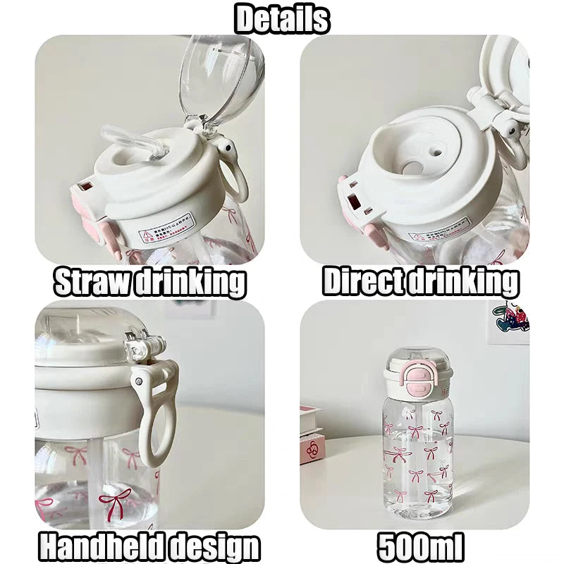Nouveau Bouteille d'eau en paille à rabat avec nœud rose anti-fuite, tasse en plastique réutilisable, sport voyage pique-nique, verres portables avec couvercle sans BPA