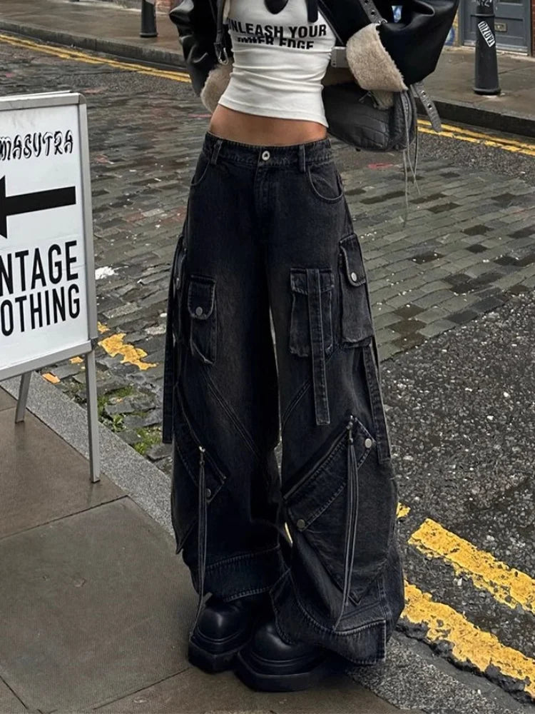 FjRopa Mujer-Jean Cargo Noir Délavé Style Punk Y2K pour Femme, Pantalon Baggy, Vêtements de Styliste, Jambes Larges, 2024