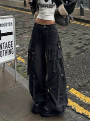 FjRopa Mujer-Jean Cargo Noir Délavé Style Punk Y2K pour Femme, Pantalon Baggy, Vêtements de Styliste, Jambes Larges, 2024