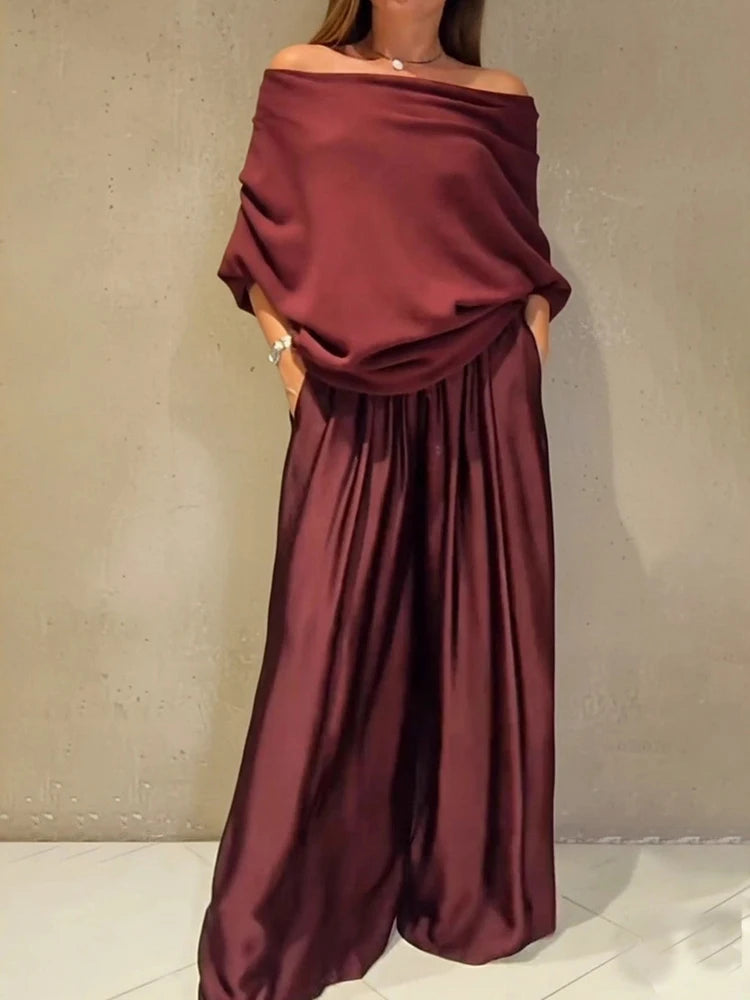 Elegant Off-the-Shoulder Satin Top and Wide-Leg Pants Set, Slash Neck, Irregular Fashion, Solid, Commuter Outfits, Simple Loose Sets for Women