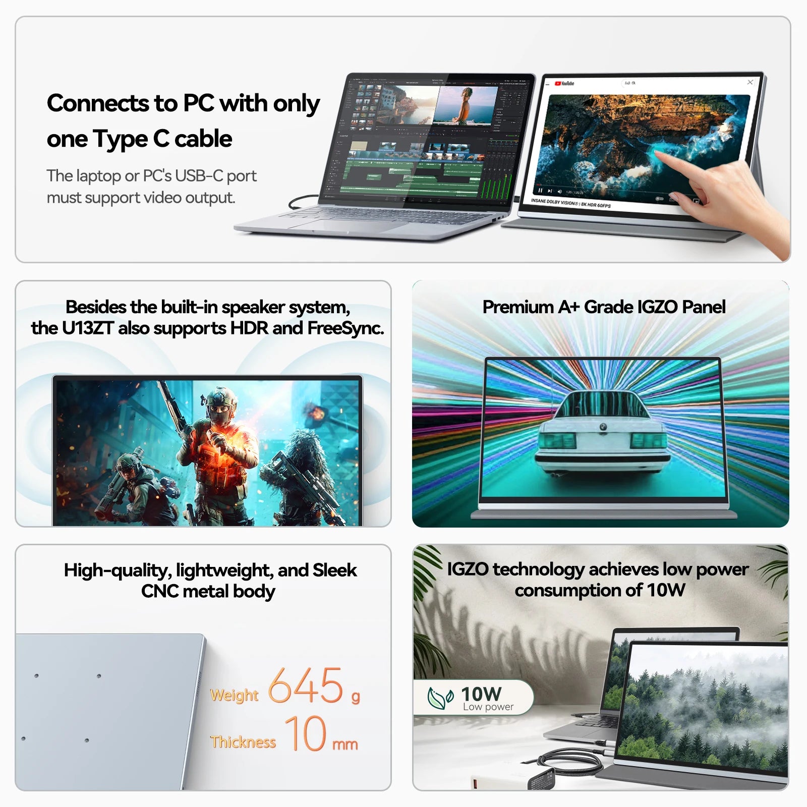 Intehill-Moniteur portable à écran tactile, 13.4 pouces, 4K, 3840x2400, 500nits, 100% sRGB, U13ZT, XBox, PS4, 5, Switch, PC portable, extension