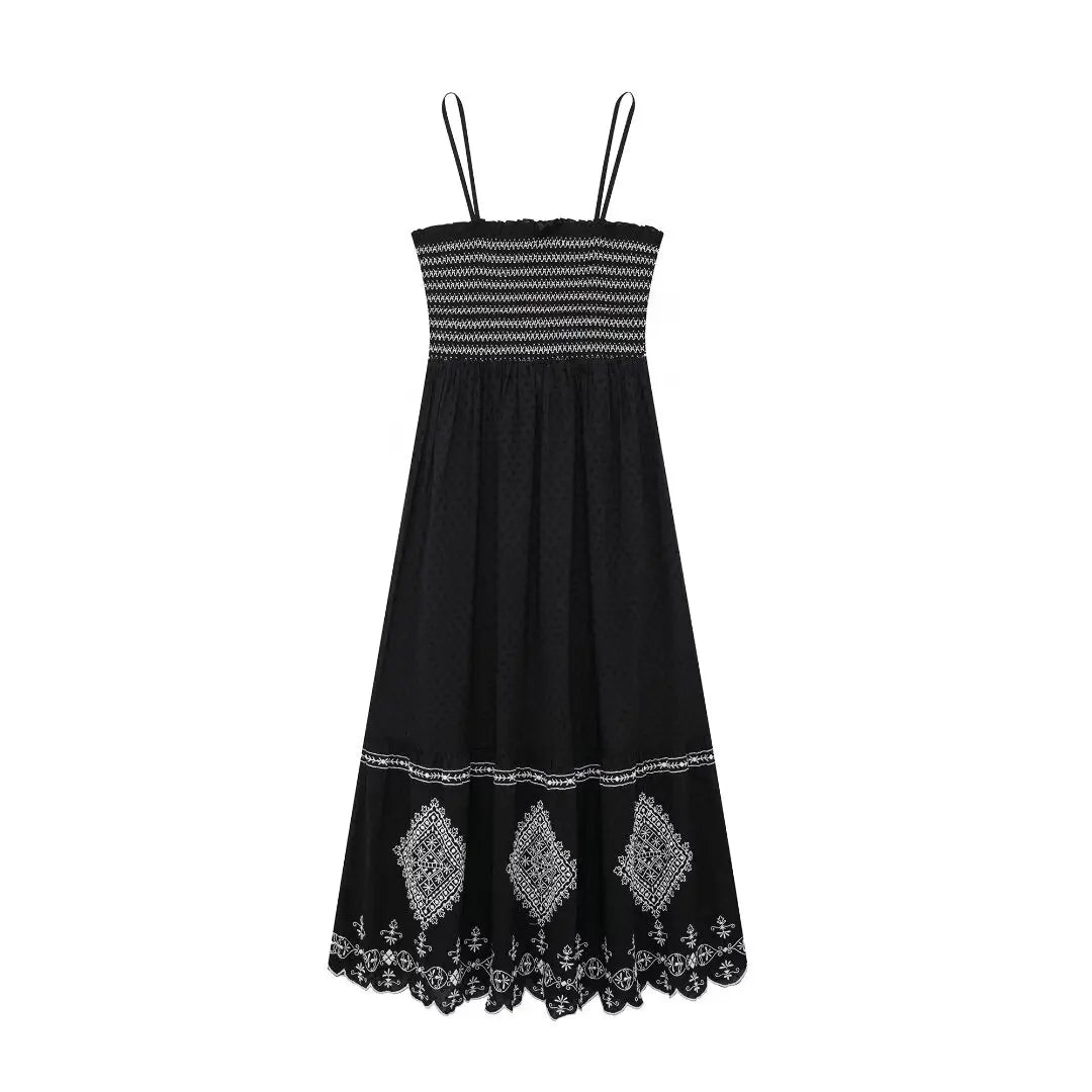 Robes pour femmes printemps et automne broderie florale col carré ample Style ethnique sans manches Robe plissée