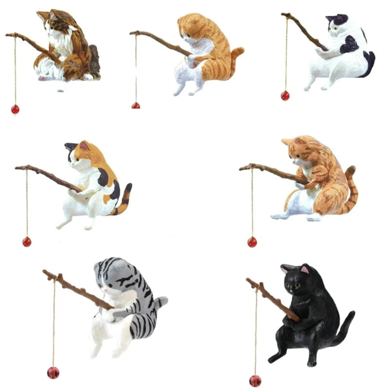 Fish-inspired fishing cat ornaments, mini resin figurine, cartoon cat statue for home office aquarium decoration
