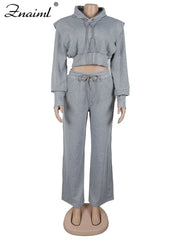 Znaiml gris tenue femmes Sport deux 2 pièces hiver sweat à capuche hauts et pantalons à jambes larges survêtement Streetwear Sportsuit 2025