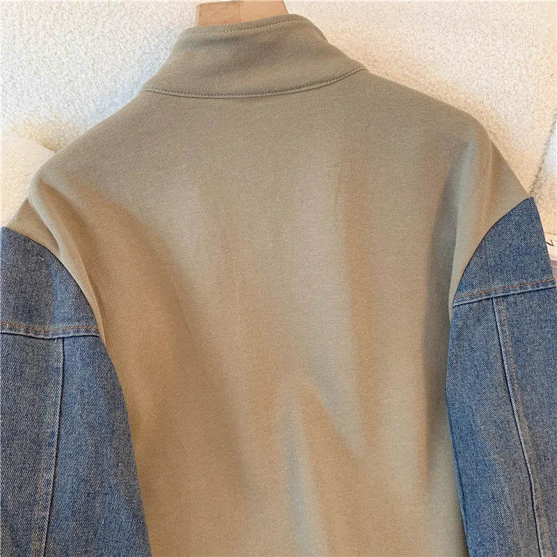 Ensemble pantalon en Denim, col montant, Patchwork, manteaux de rue, hauts à jambes larges, jean gothique droit, Vintage, ensemble deux pièces Simple