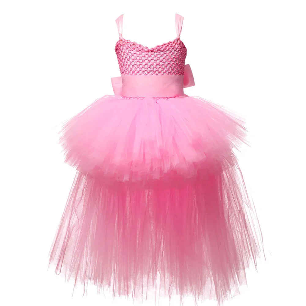 Girls Pink Black Tutu Dress V-Neck Train Girl Evening Birthday Party Tulle Dresses Girl Ball Gown Kids Halloween Costumes