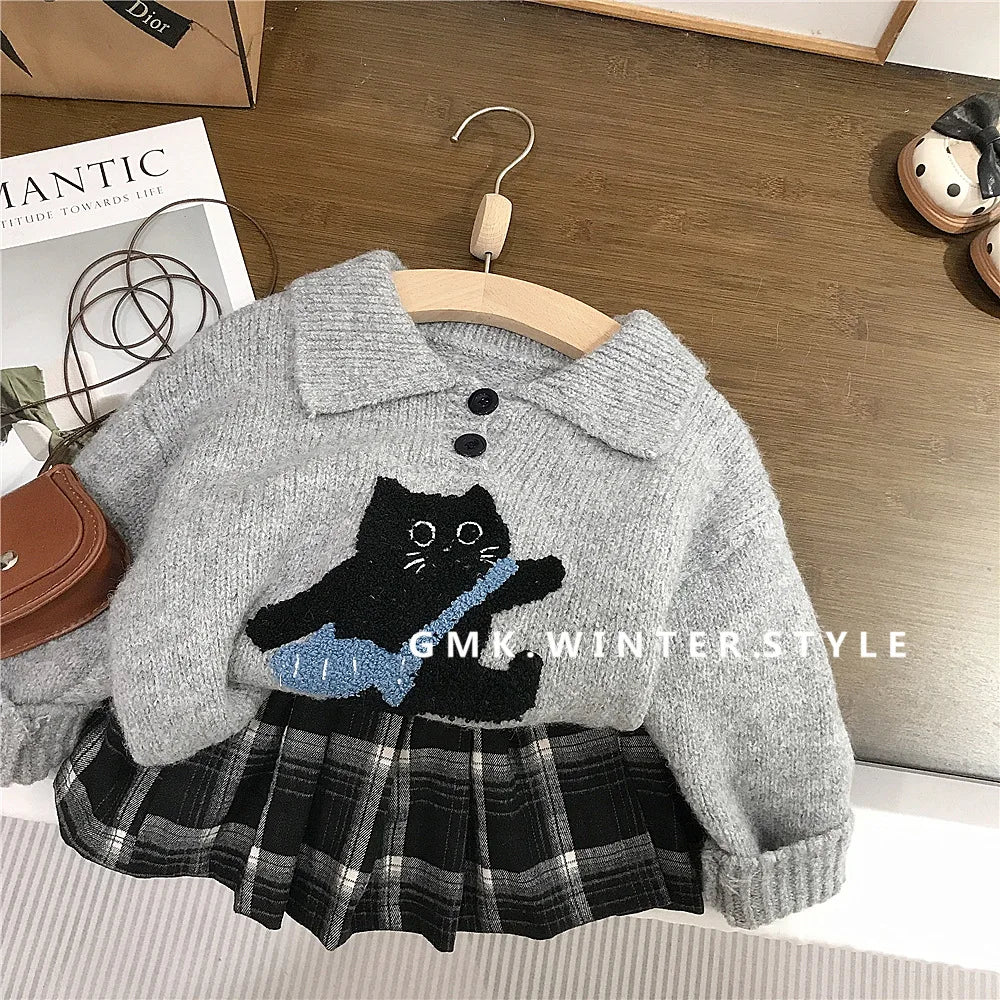 Automne hiver enfants vêtements coton chat Jacquard col rabattu enfant fille pull costumes ample Plaid enfant en bas âge bébé fille jupes