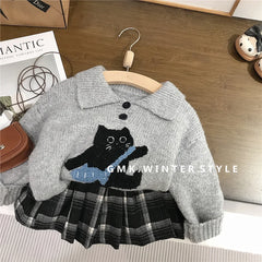 Automne hiver enfants vêtements coton chat Jacquard col rabattu enfant fille pull costumes ample Plaid enfant en bas âge bébé fille jupes