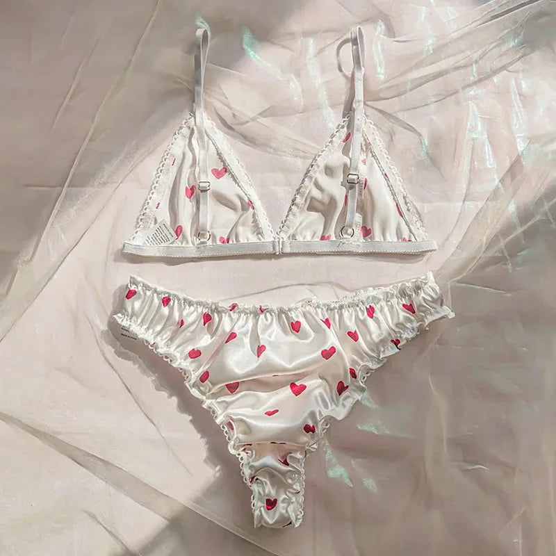 Ensemble de soutien-gorge Sexy en Satin imprimé cœur pour filles et femmes, Lingerie d'été sans fil, sous-vêtements deux pièces, ensemble de soutien-gorge féminin