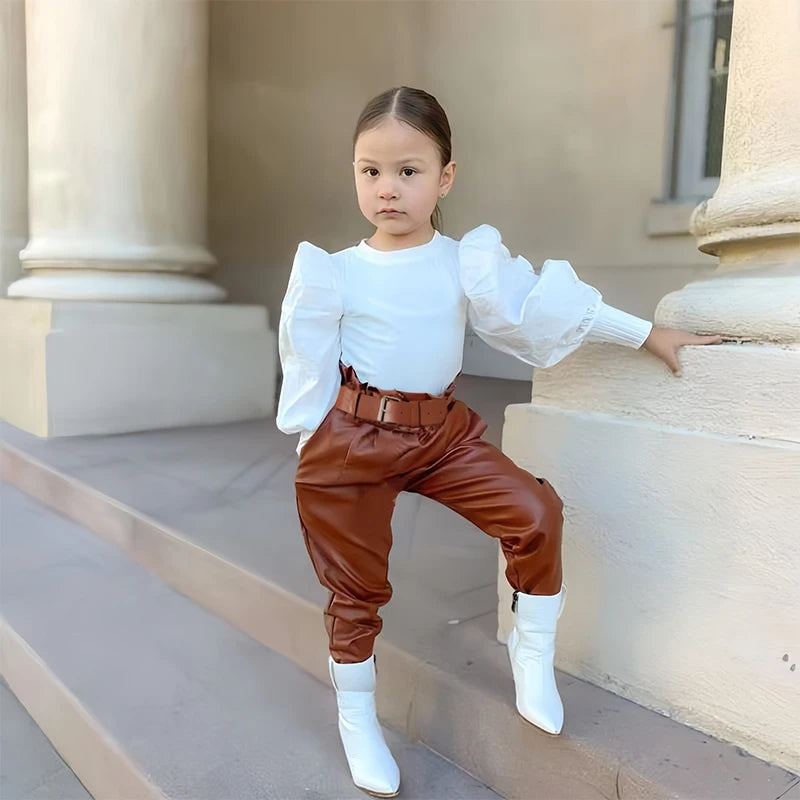 Ensemble de vêtements pour enfants filles, chemisier côtelé à manches longues bouffantes + pantalon en cuir PU avec ceinture, 2 pièces pour vêtements pour filles, taille 1 2 3 4 5 6