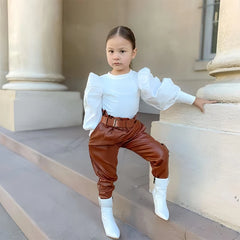 Ensemble de vêtements pour enfants filles, chemisier côtelé à manches longues bouffantes + pantalon en cuir PU avec ceinture, 2 pièces pour vêtements pour filles, taille 1 2 3 4 5 6