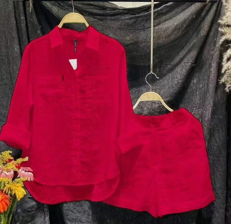 Ensemble d'été 2 pièces en coton et lin pour femmes, chemise et short blancs à manches longues, à la mode, pour la maison, survêtement, 2024