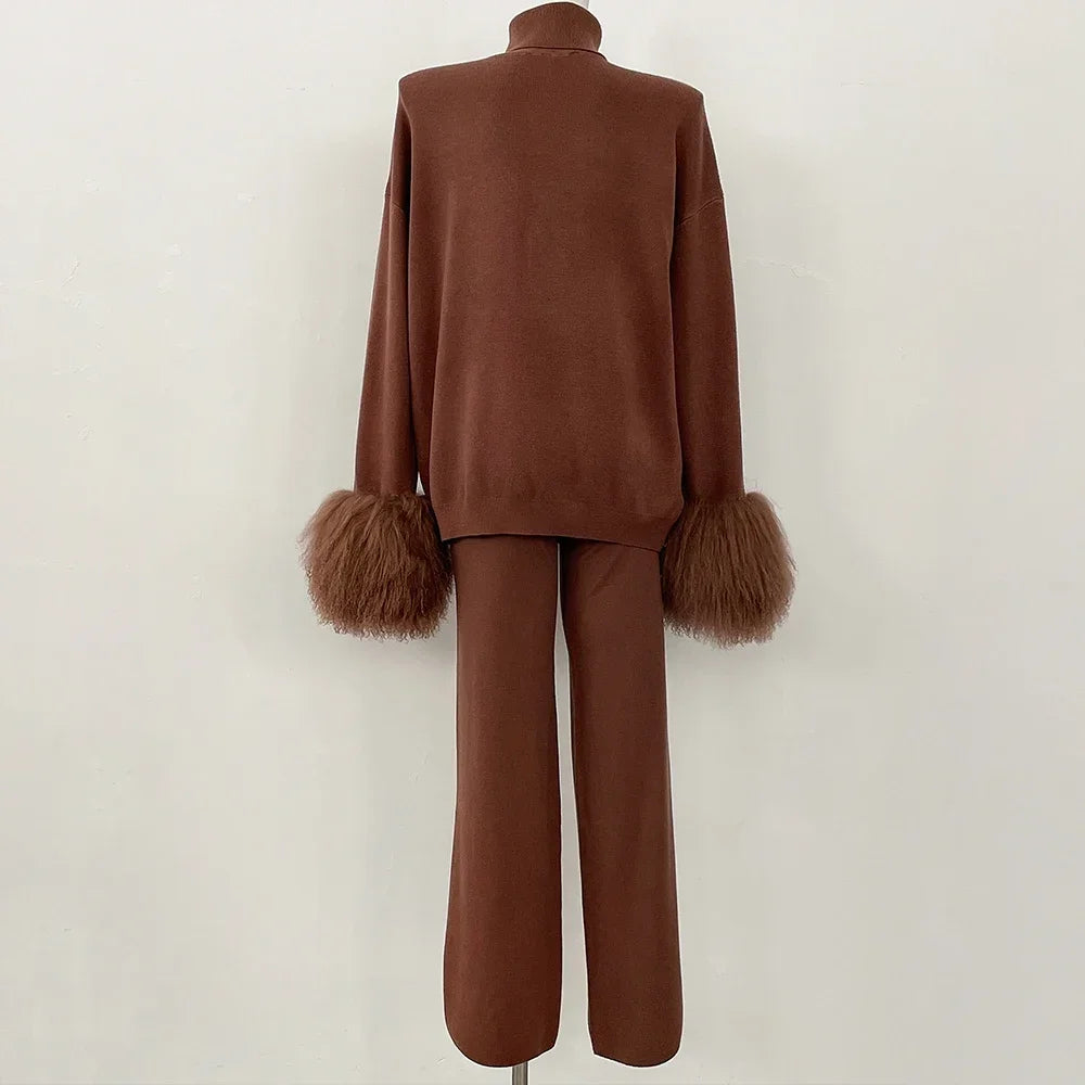 Ensemble pull et pantalon tricotés en laine et mélange pour femme, avec poignets en vraie fourrure de mouton mongole, costume tricoté de haute qualité 2025
