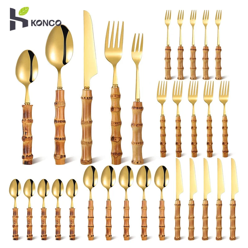 Couverts en bambou et acier inoxydable, service de table, en bois doré, pour la cuisine occidentale, couteau, fourchette, cuillère à café