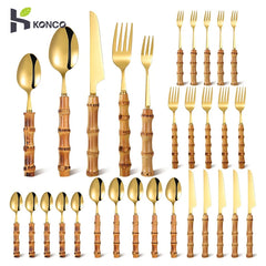 Couverts en bambou et acier inoxydable, service de table, en bois doré, pour la cuisine occidentale, couteau, fourchette, cuillère à café