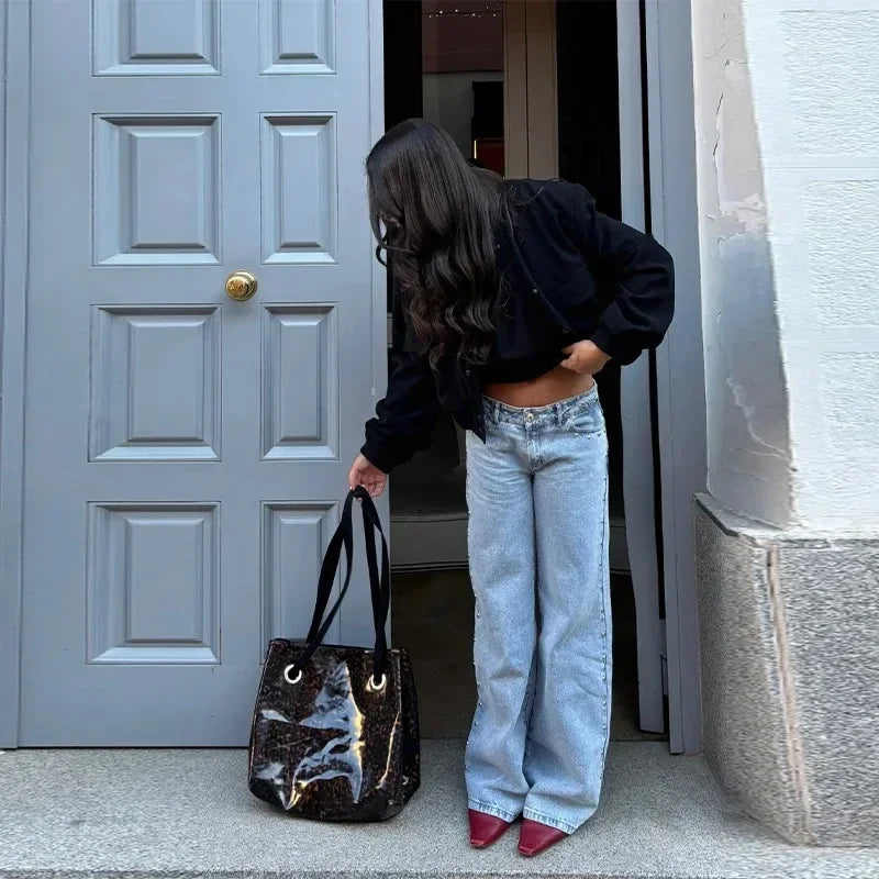 Y2K Vintage jean Flash argent étoile motif métal Rivet jean femme Baggy décontracté jambe droite Denim pantalon Simple femmes vêtements