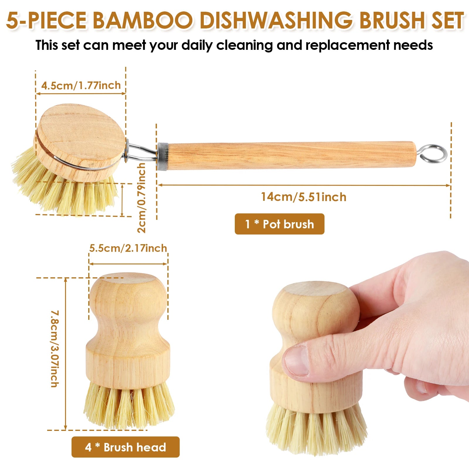 Brosses à vaisselle en bambou remplaçables, épurateurs de nettoyage en bois de cuisine, outil de nettoyage ménager, 4/5 pièces